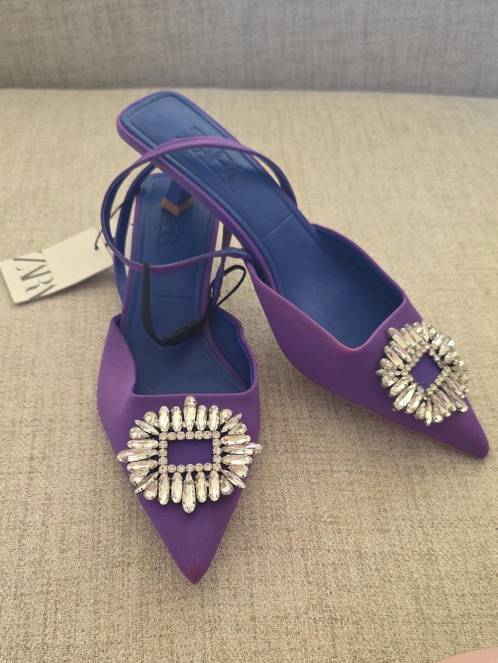 Zara Purple Pointed-Toe Slingback Heels with Crystal Buckle